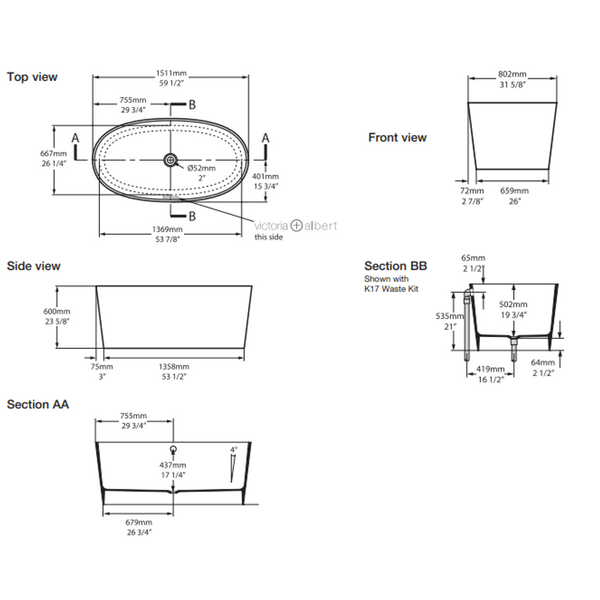 V+A Ios Freestanding Sit Bath No Overflow Quarrycast White 1511mm