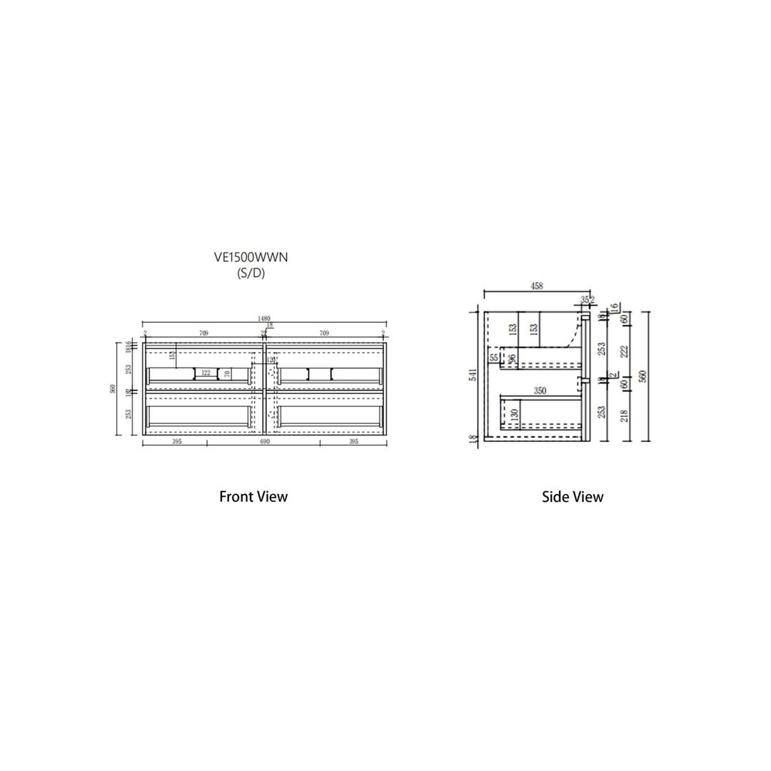 Aulic Venetta Framed Wall Hung 1500Mm Double Walnut Cabinet 1500X468X585Mm With Ceramic Top