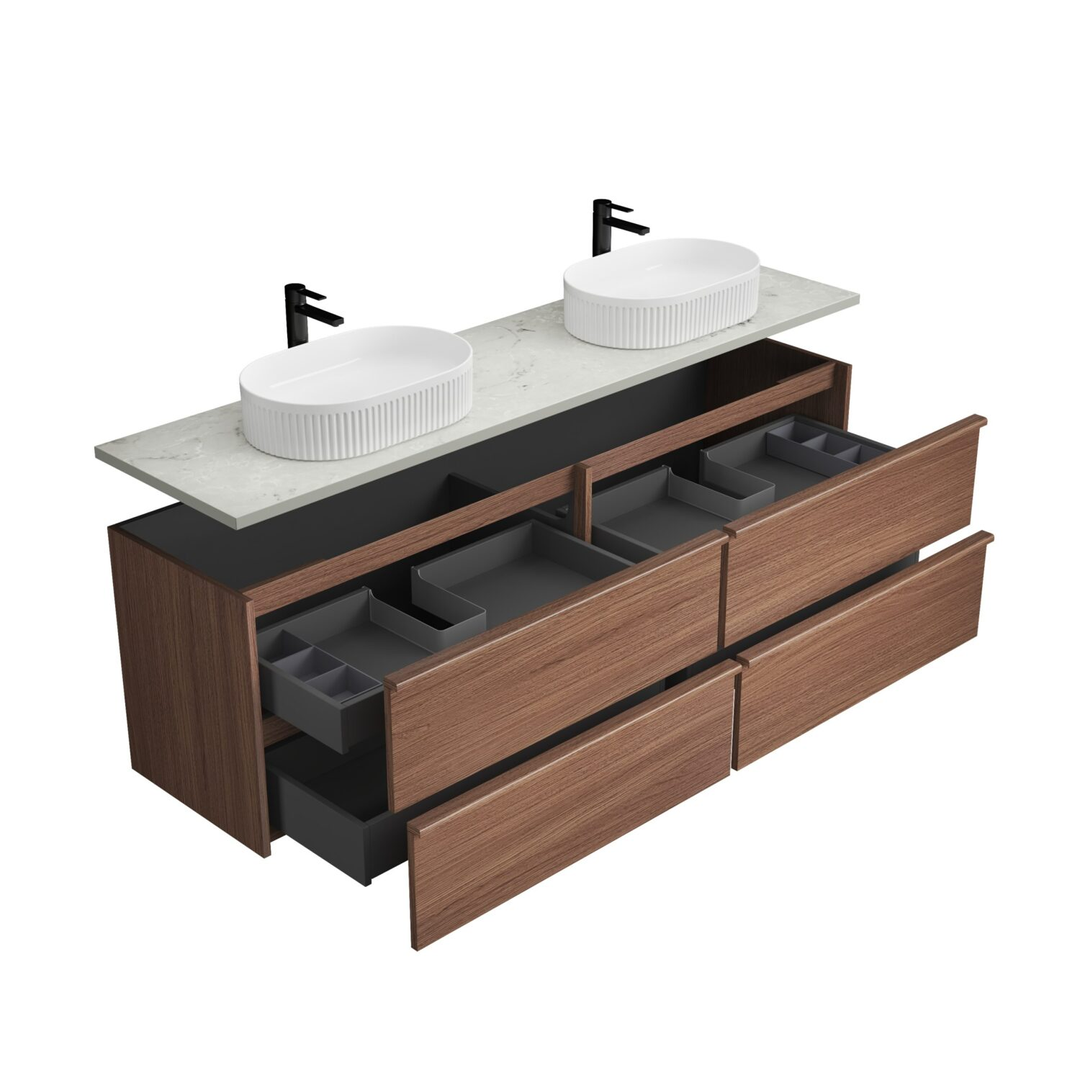 Aulic Venetta Framed Wall Hung 1800Mm Double Walnut Cabinet 1800X468X585Mm With Alpine Top
