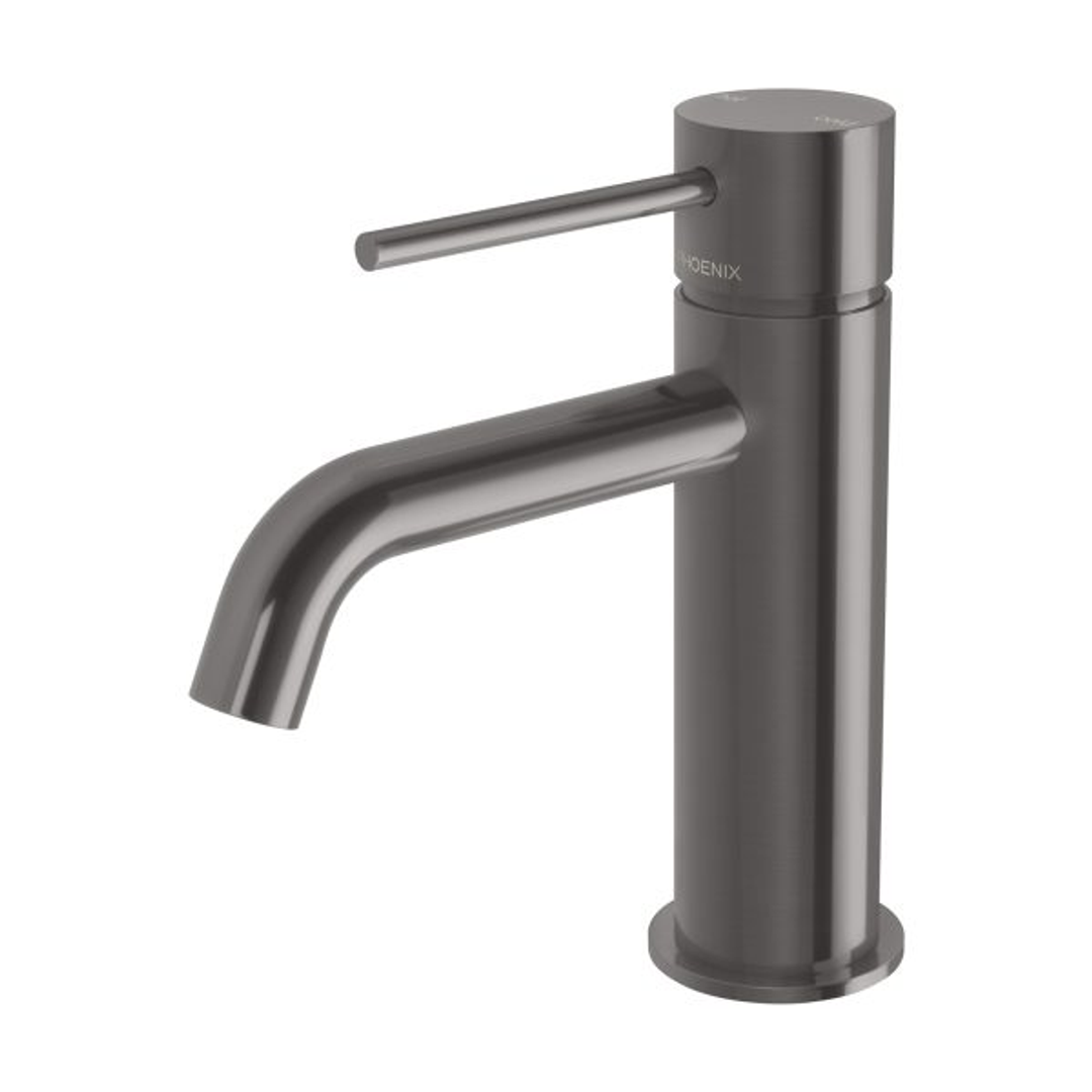 Phoenix Vivid Slimline Basin Mixer Curved Outlet Brushed Carbon
