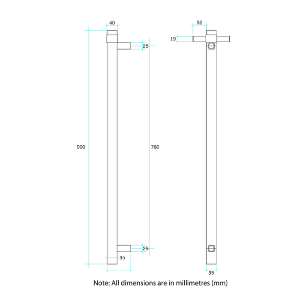 Thermorail Square 12Volt Vertical Bar 900X142X100Mm 29Wat With Optional Hook Matt Black
