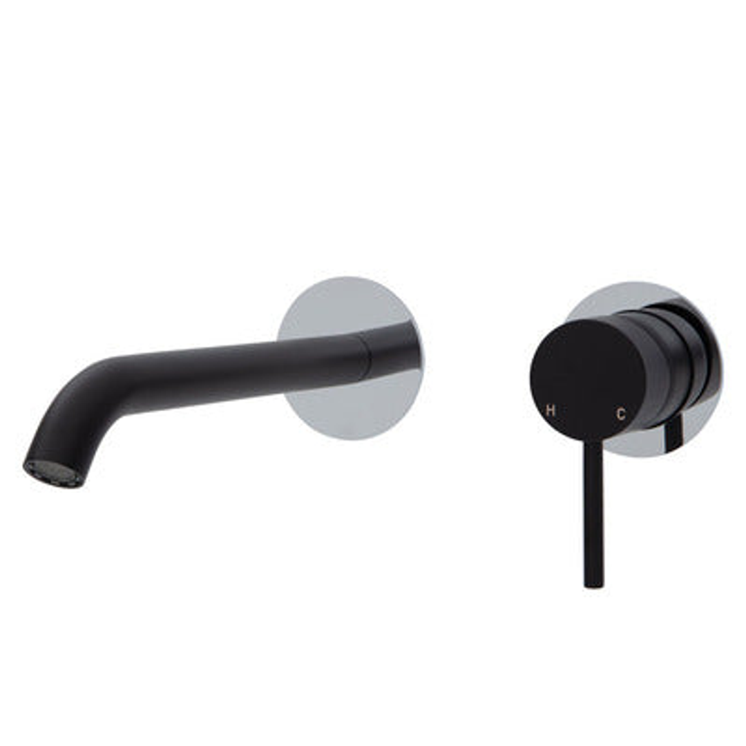 Fienza Kaya Basin/Bath Wall Mixer 200mm Outlet Set Matte Black Round Chrome Plates