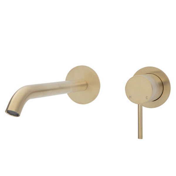 Fienza Kaya Basin/Bath Wall Mixer 200mm Outlet Set Urban Brass Round Urban Brass Plates