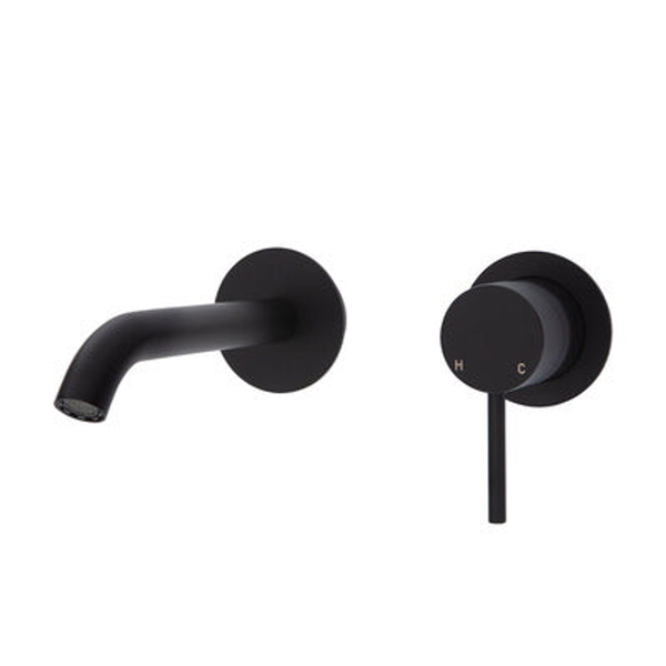 Fienza Kaya Basin/Bath Wall Mixer 160mm Outlet Set Matte Black Round Matte Black Plates