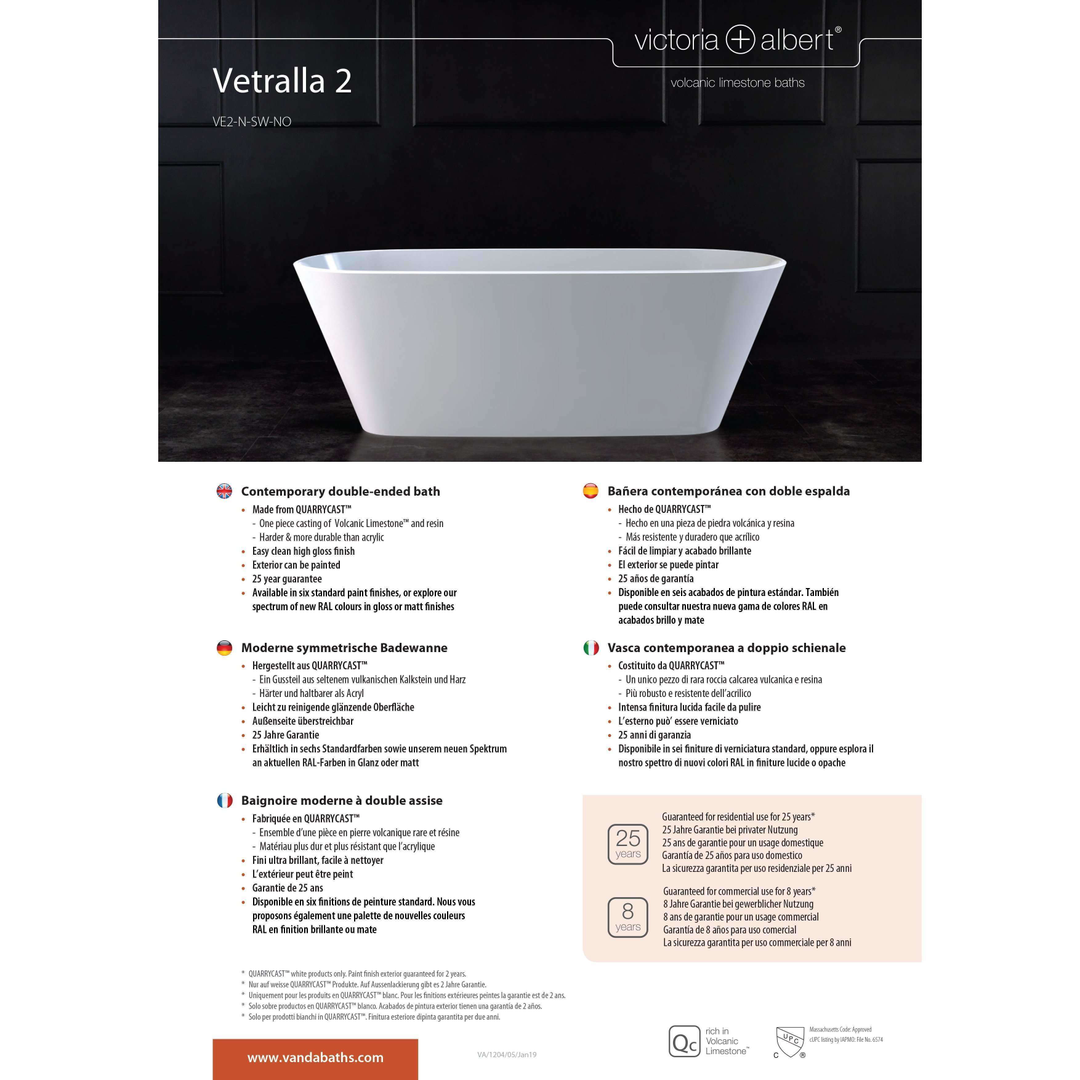 V+A Vetralla 2 Freestanding Bath No Overflow Quarrycast White 1650mm