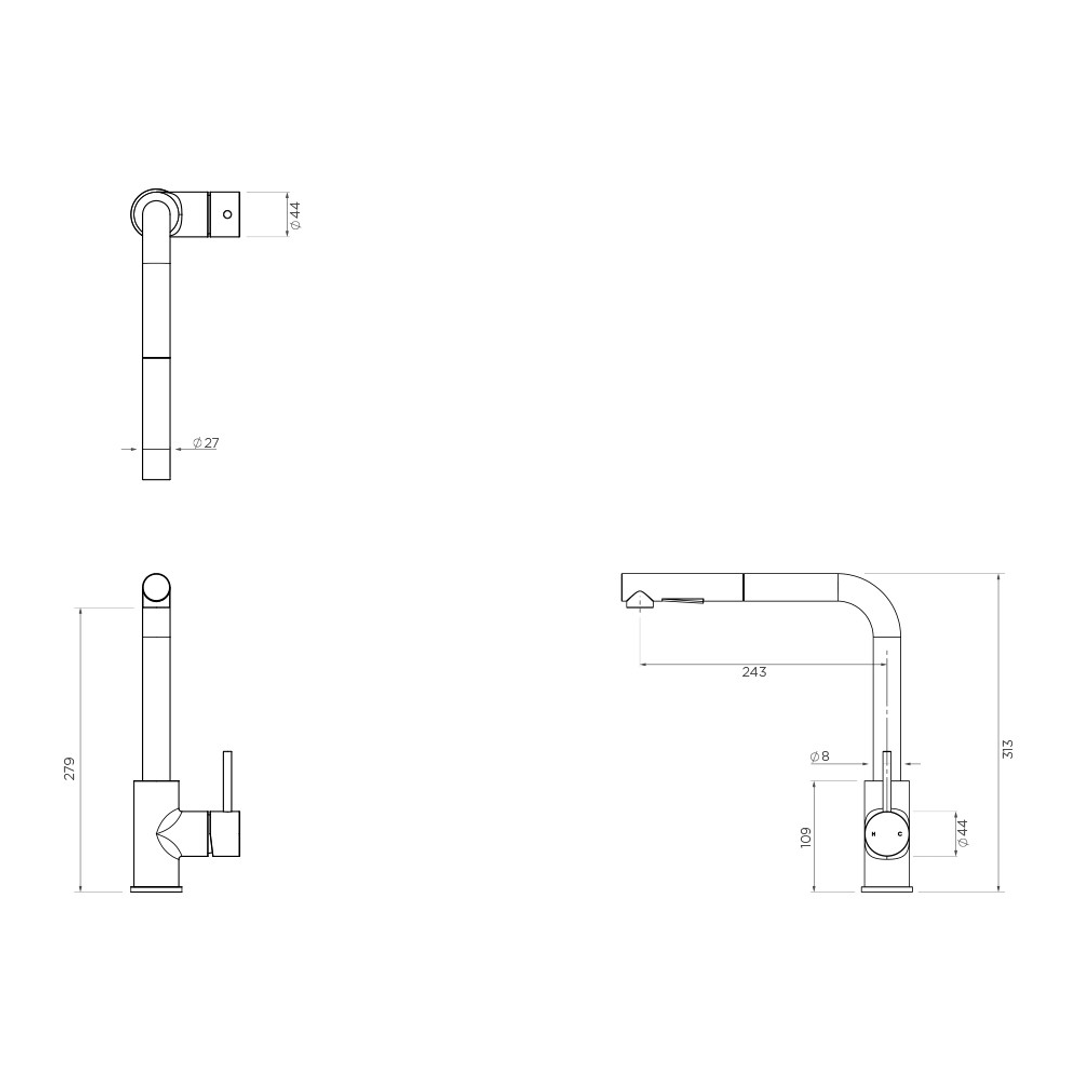 Streamline Axus Pin Lever Pull Out Spray Sink Mixer Brushed Iron