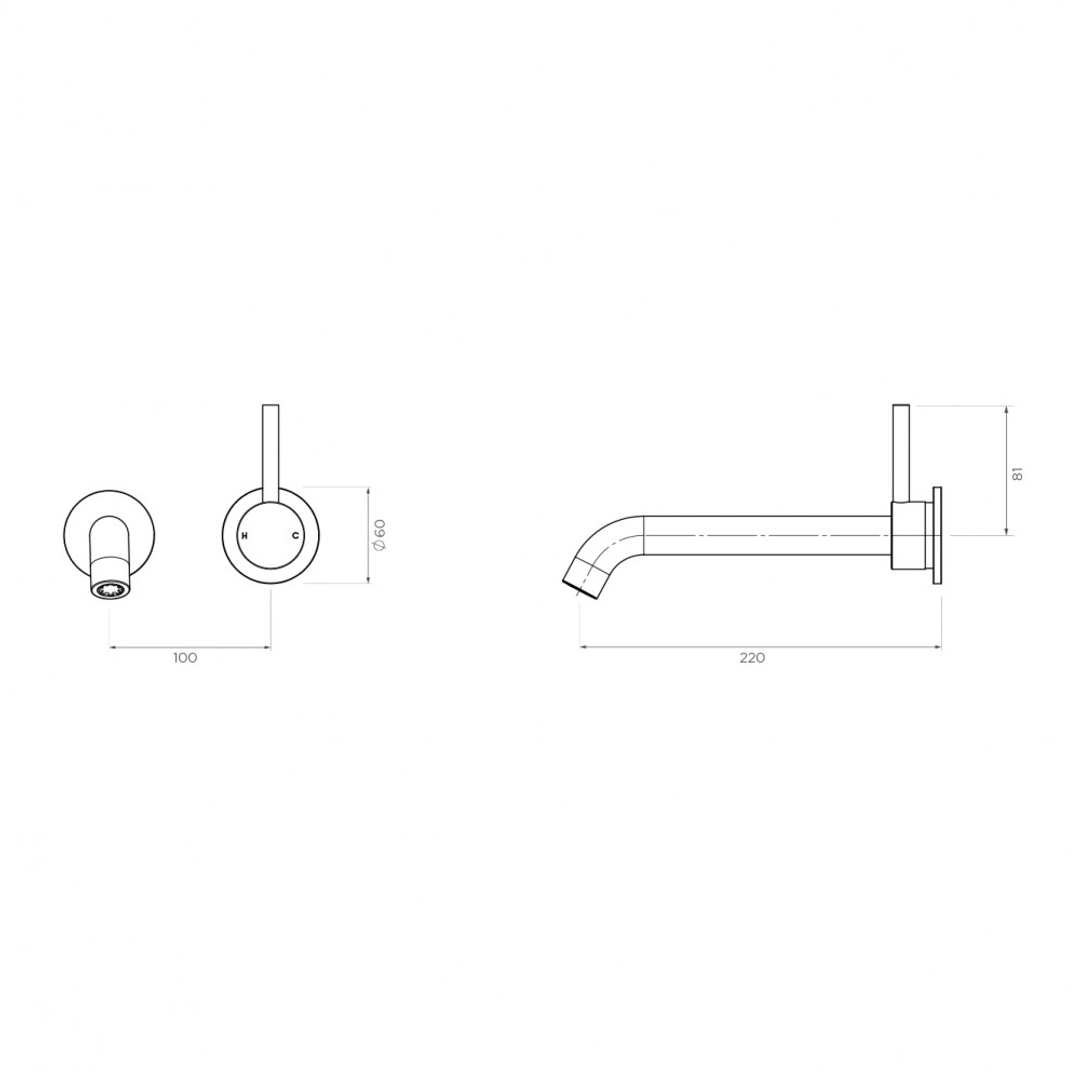 Streamline Axus Pin Wall Mount Basin/Bath Mixer 2 Plate 220 Spout Lever Up Brushed Iron  *Ext Only*