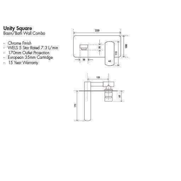 Aspire Unity Square Basin/Bath Wall Mixer Combo 170mm Spout
