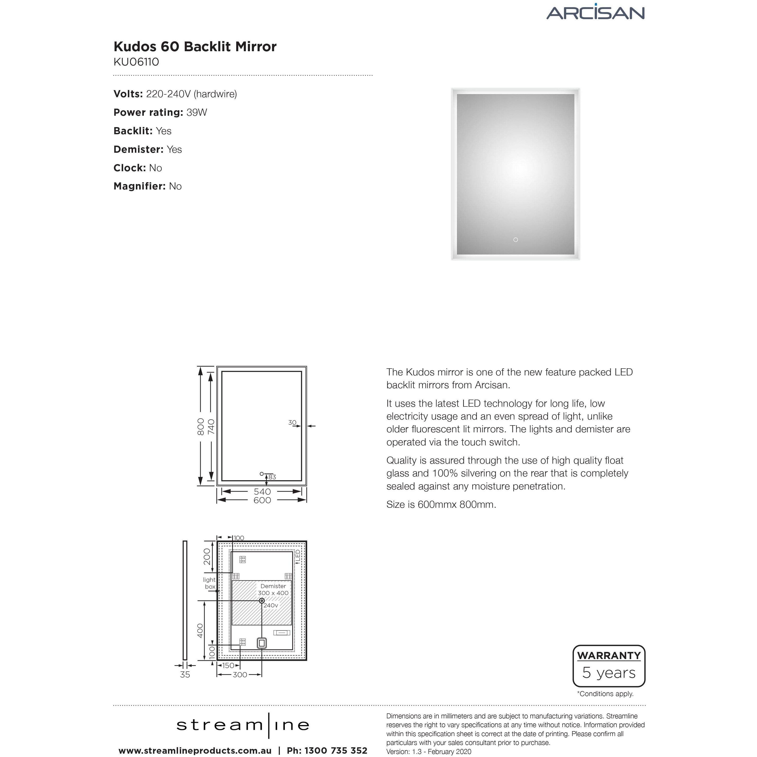 Arcisan Kudos Backlit Mirror 600 X 800 Recessed Frame With Demister - Burdens Plumbing