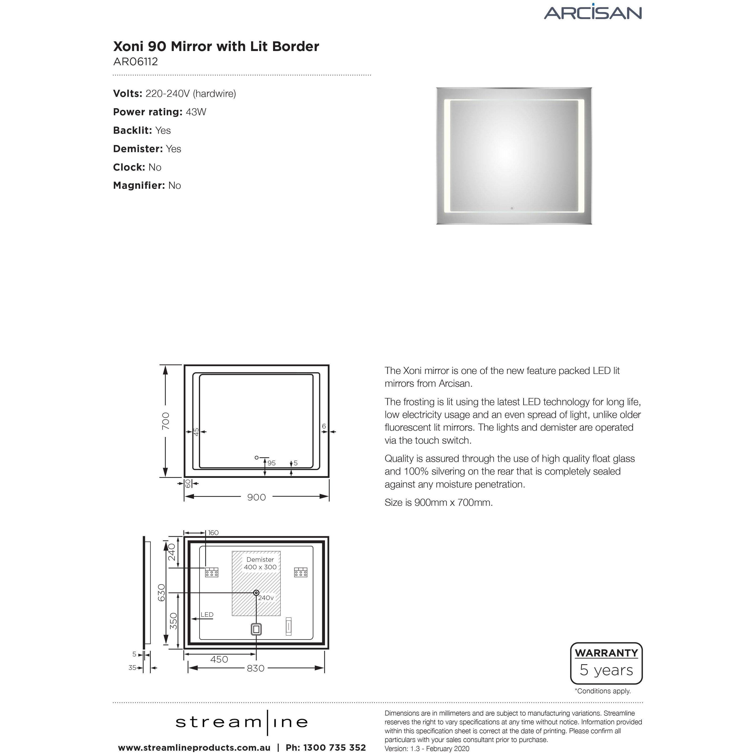 Arcisan Xoni Mirror Illuminated Frosting Touch Switch Demister - Burdens Plumbing