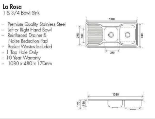 Aspire La Rosa 1 3/4 Bowl 1080X480 S/Steel Sink 1Th Right Hand B - Burdens Plumbing