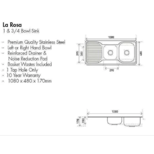 Aspire La Rosa 1 3/4 Bowl 1080X480 S/Steel Sink  1 Tap Hole Right Hand B