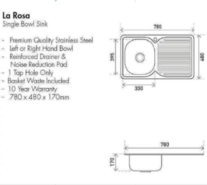 Aspire La Rosa 780 X 480 S/S Single Bowl Sink 1Th Lh Bowl - Burdens Plumbing