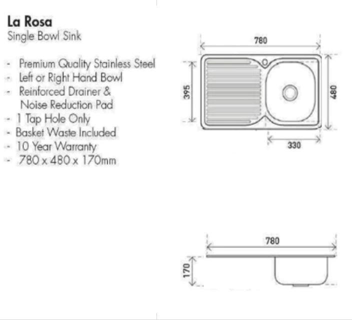 Aspire La Rosa 780 X 480 S/S Single Bowl Sink 1Th Rh Bowl - Burdens Plumbing