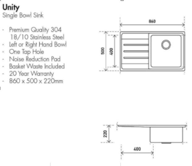 Aspire Unity Single Rh Bowl 860X500 S/Steel Sink - Burdens Plumbing