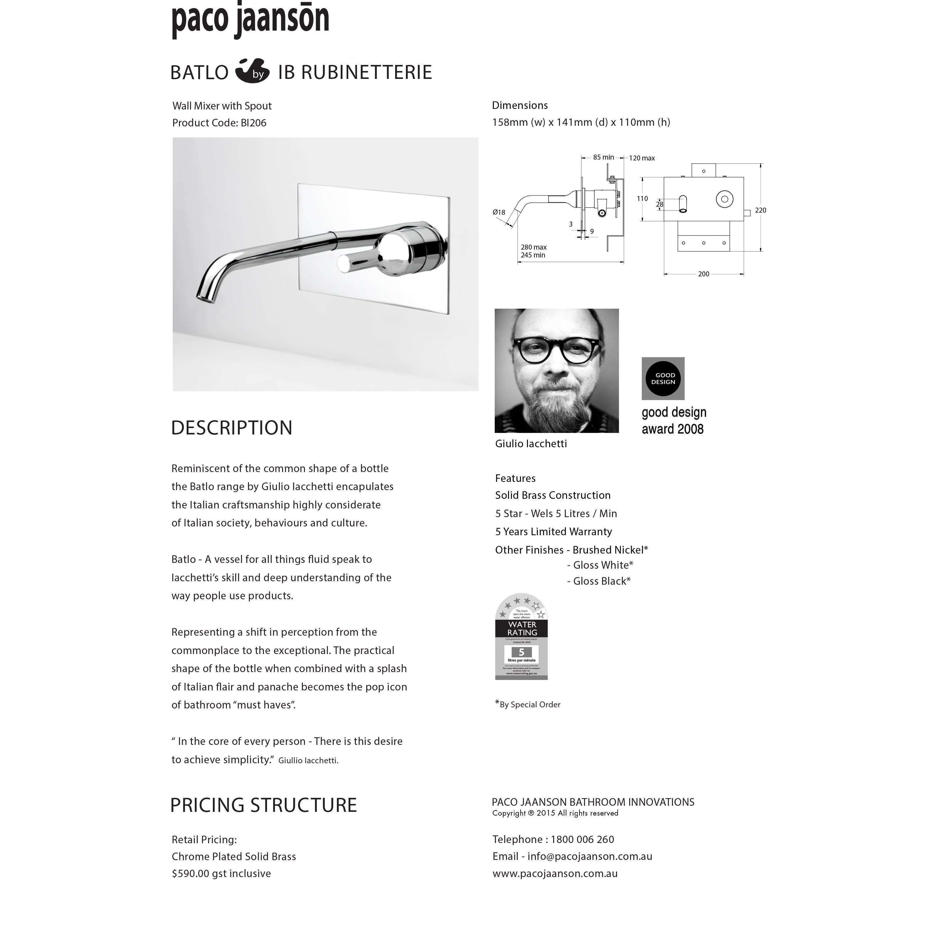 Paco Jaanson Batlo Wall Mixer With Spout Chrome - Burdens Plumbing