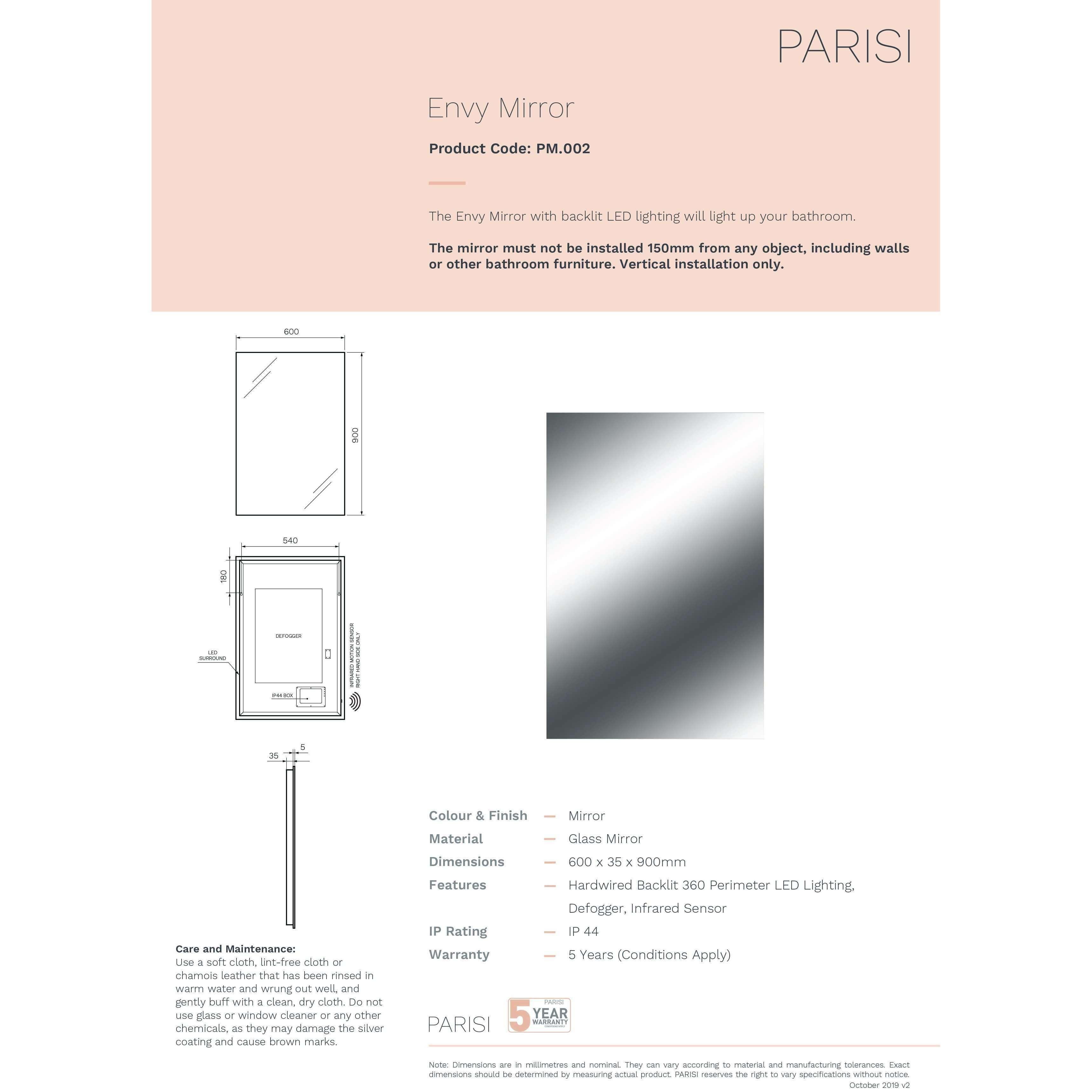 Parisi Envy Mirror 900mm X 600mm Backlit - Burdens Plumbing