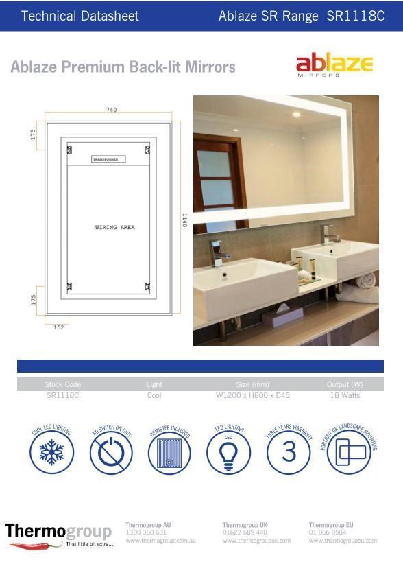 Bcklit Rctangl Mirror & Border Cool 1200X800X45mm 63W-Incl Mirror Demstr(Thermogrp - Burdens Plumbing