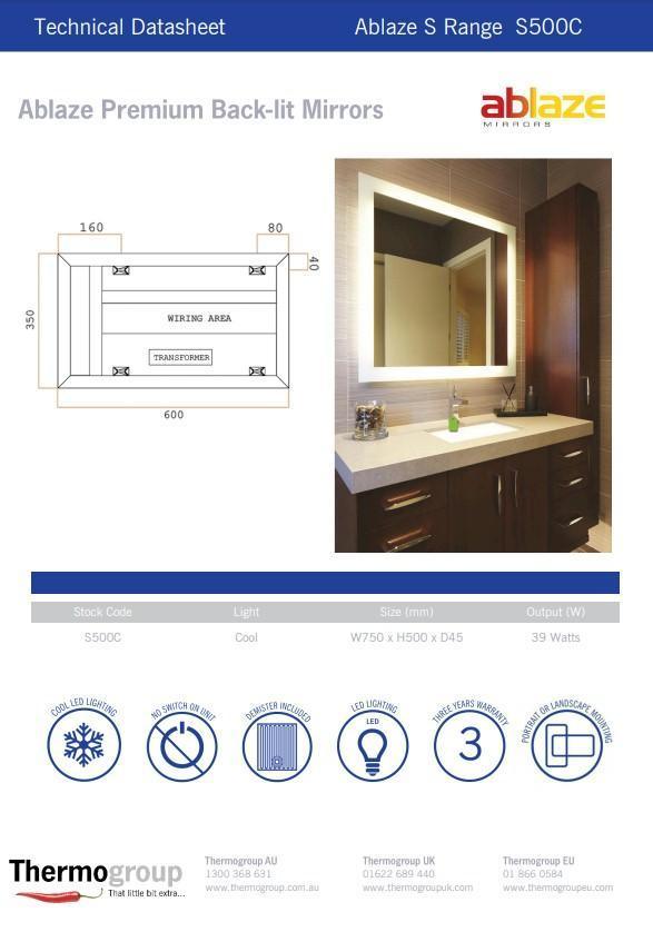 Bcklit Rect Mirror W'Out Border Cool 1500X800X45mm 78W-Inc Mirror Demstr(Thermogrp - Burdens Plumbing