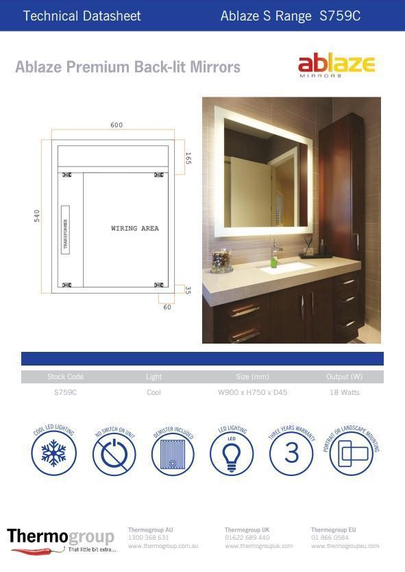 Bcklit Rctangl Mirror W'Out Border Cool 900X750X45mm 55W-Incl Mirror Demstr(Thermogrp - Burdens Plumbing