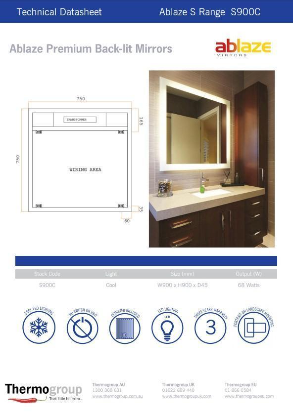 Bcklit Sq Mirror W'Out Border Cool 900X900X45mm 68W-Incl Mirror Demister(Thermogrp - Burdens Plumbing