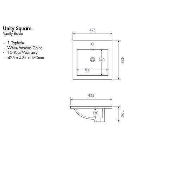 Aspire Unity Square Inset Basin White 1 Tap Hole 425 X 425 X 170