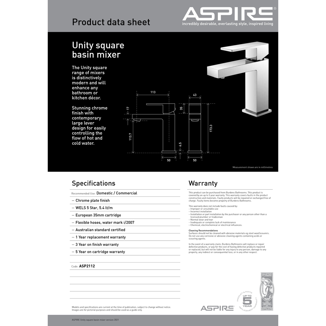 Aspire Unity **Square** Basin Mixer Chrome