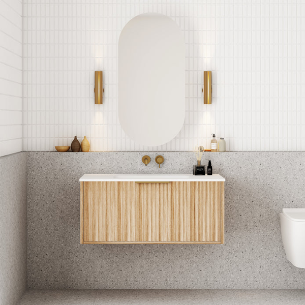 Cassa Design Capture 900mm Wall Hung Vanity Solid Surface Moulded Top Natural Oak