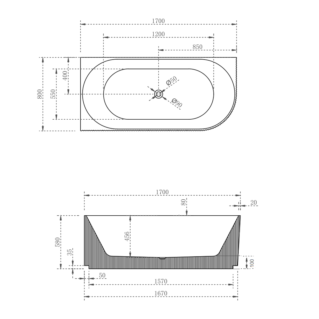 Cassa Design V-Groove 1700mm Corner Back To Wall Bath Left Hand Corner Matte White