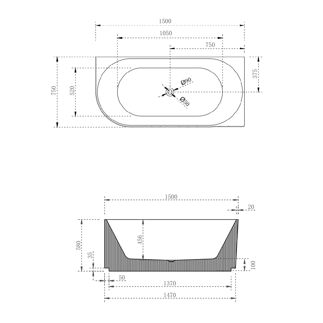 Cassa Design V-Groove 1500mm Corner Back To Wall Bath Right Hand Corner Matte White