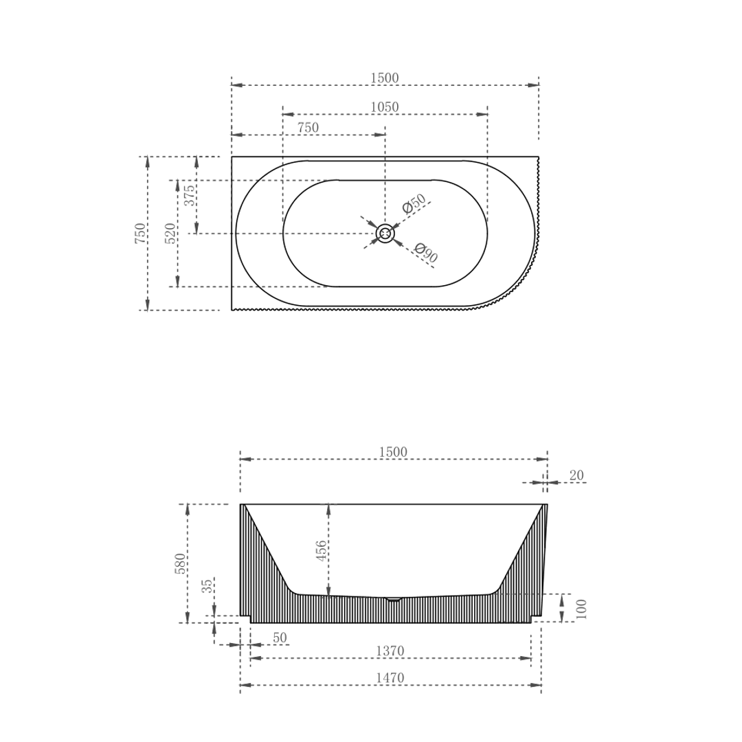 Cassa Design V-Groove 1500mm Corner Back To Wall Bath Left Hand Corner Matte White