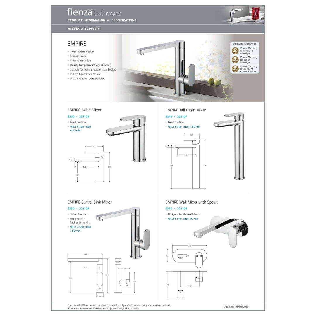 Fienza Empire Tall Basin Mixer Chrome 221107