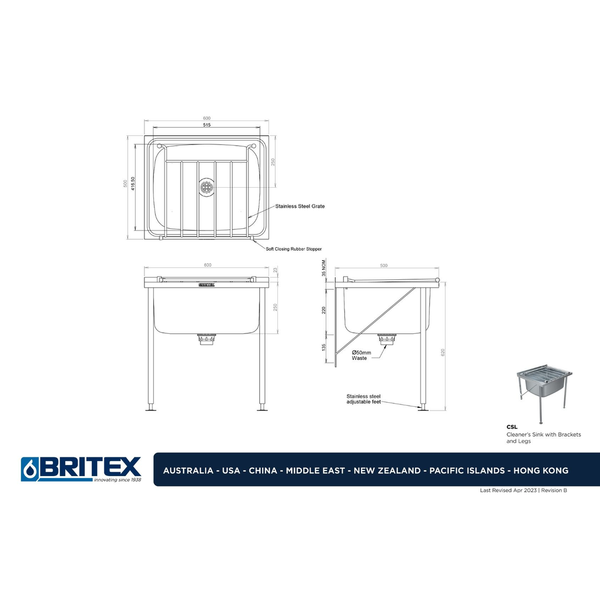 Britex S/S Cleaners Sink 600X500X250Mm Deep. 46L, Incl. Brkts, Legs, Grate, 50Mm Waste Outlet #Csl