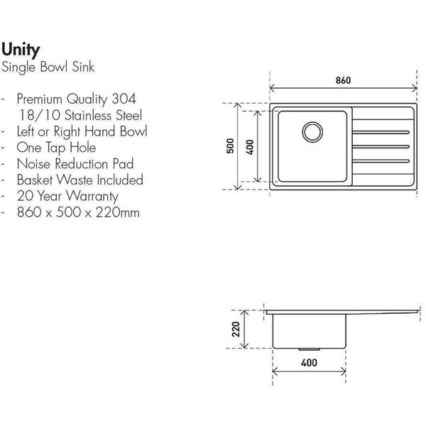 Aspire Unity Single Rh Bowl 860X500 S/Steel Sink