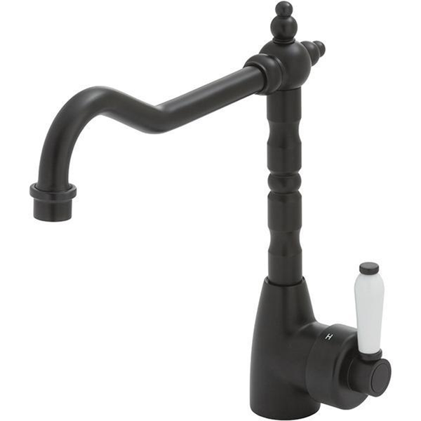 Fienza Eleanor Shepherds Crook Kitchen Sink Mixer Matte Black White Ceramic Handle 202105Bk