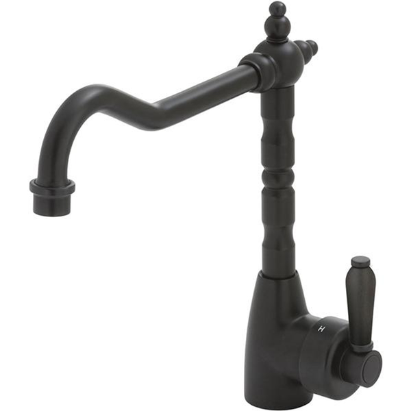 Fienza Eleanor Shepherds Crook Kitchen Sink Mixer Matte Black Black Ceramic Handle