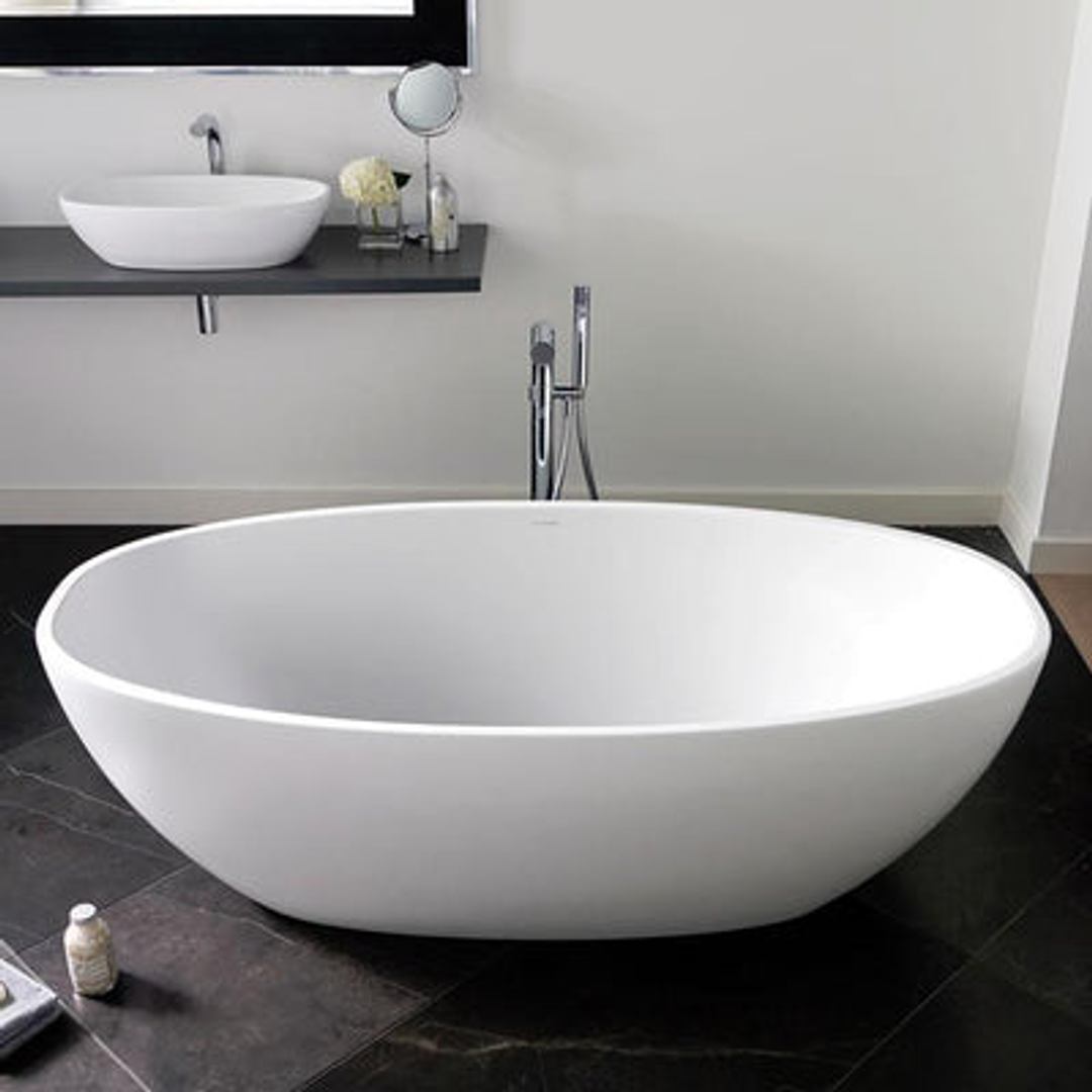 V+A Barcelona 2 Matte Stone Freestanding Bath With Void No Overflow Quarrycast White Matte