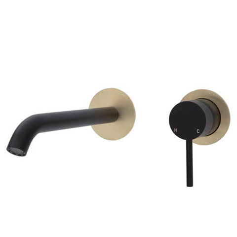 Fienza Kaya Basin/Bath Wall Mixer 200mm Outlet Set Matte Black Round Urban Brass Plates