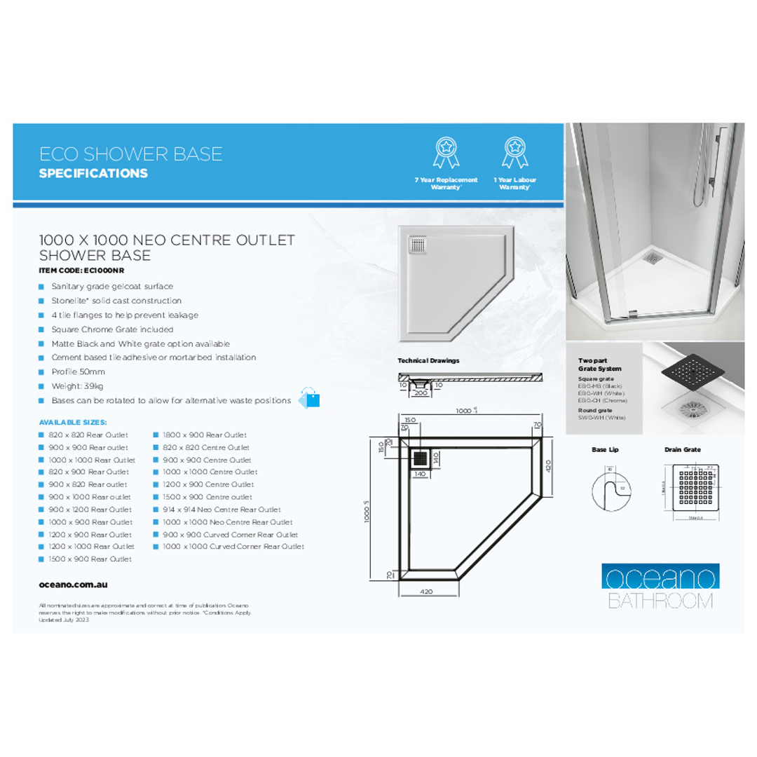Oceano Stonelite Eco Base 1000 X 1000 Neo Corner Rear Outlet Chrome Waste