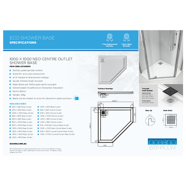 Oceano Stonelite Eco Base 1000 X 1000 Neo Corner Rear Outlet Chrome Waste