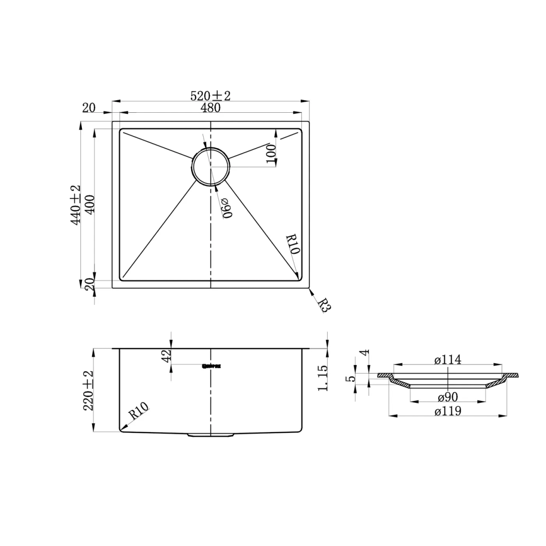 OTTI AXON SINK 52S 520X440X220 GUN METAL