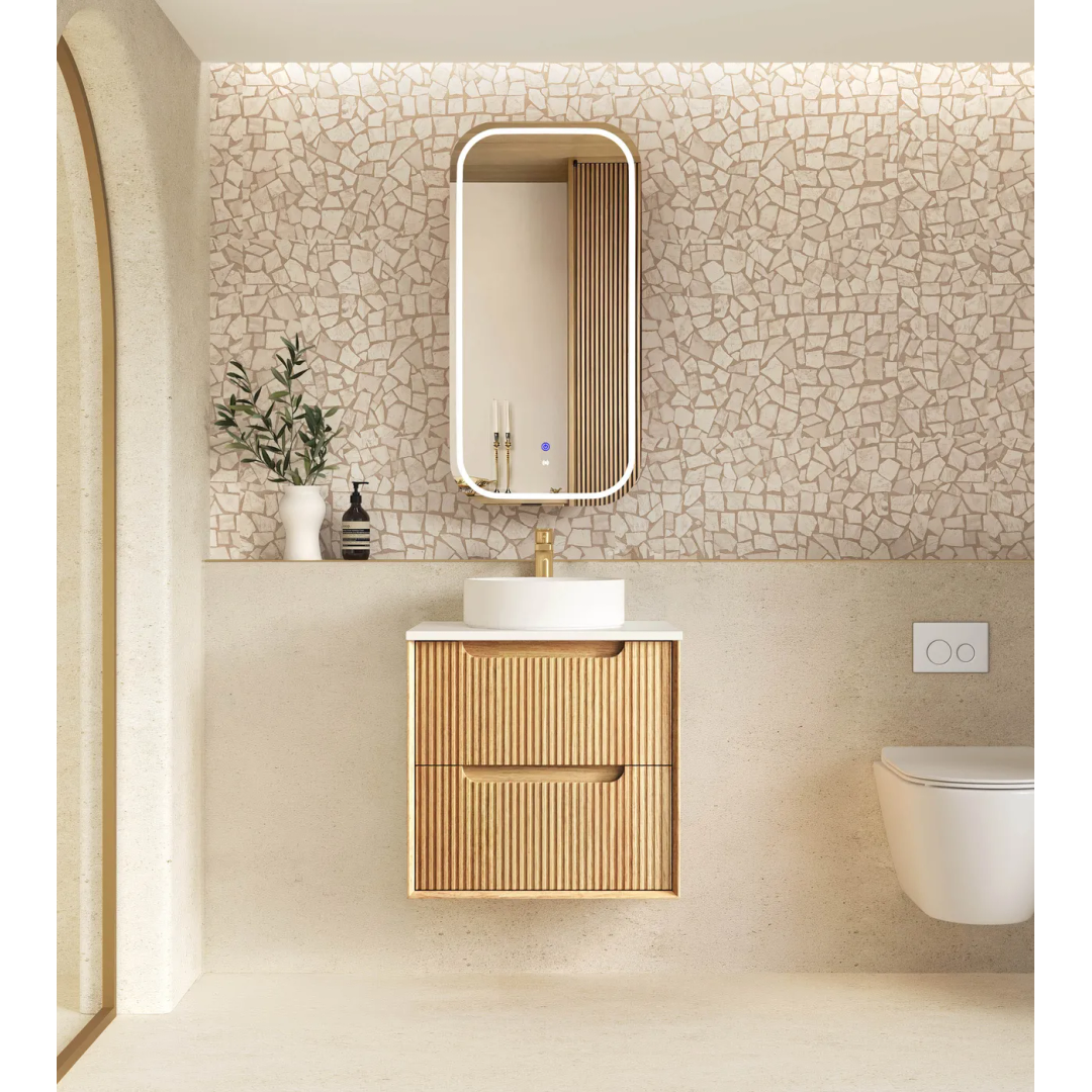 Otti Byron Fluted 600Mm Woodland Oak Wall Hung Vanity With Matte White Top