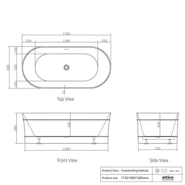 Otti Attica Bondi 1700X800X580 Matte White Freestanding Bath With Overflow.