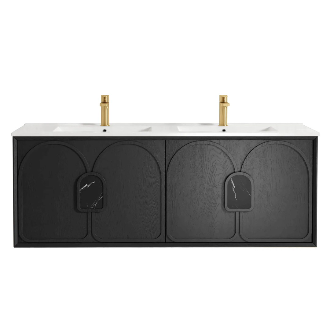 Otti Laguna Mk Ii 1500 Black Oak Wall Hung Vanity With U/Mount Carrara Marble Top & Basin