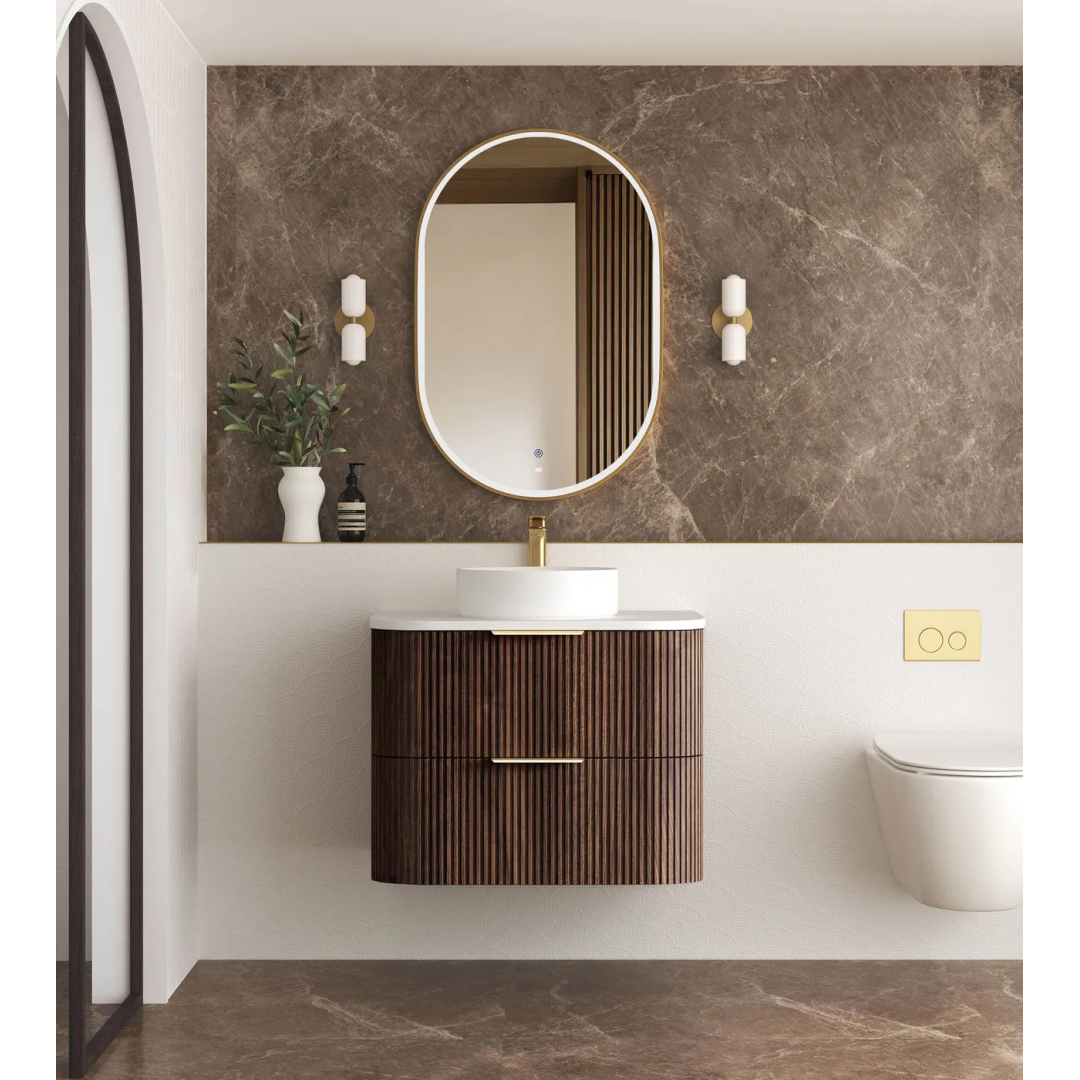 Otti Havana 750 Sable Walnut Fluted Wall Hung Curve Vanity With Cloudy Carrara Top