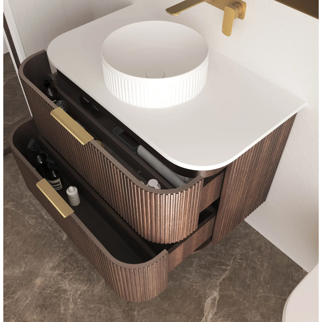 Otti Havana 750 Sable Walnut Fluted Wall Hung Curve Vanity With Cloudy Carrara Top