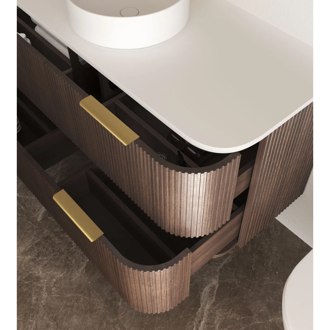 Otti Havana 1200 Sable Walnut Fluted Wall Hung Curve Vanity With Square Basin Moulded Top