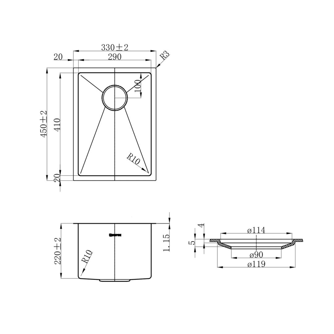 Otti Axon Sink 33S 330X450X220 Brushed Gold