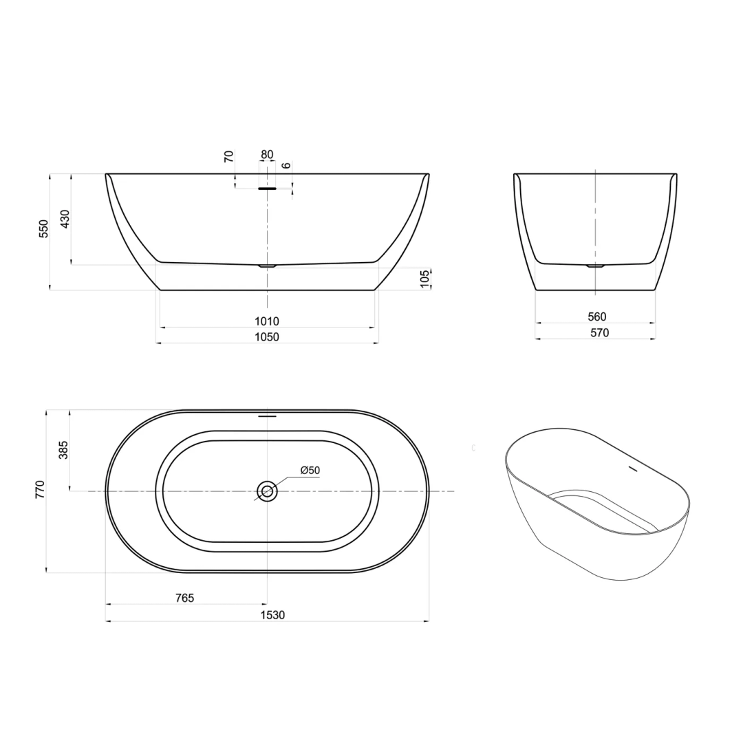 Otti Attica Manolo 1530 Gloss White Freestanding Bath With Overflow
