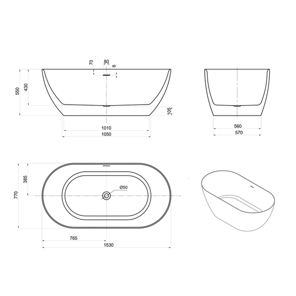 Otti Attica Manolo 1530 Gloss White Freestanding Bath With Overflow